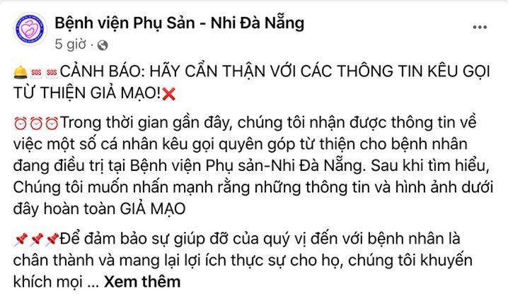 Bệnh viện Phụ sản – Nhi Đà Nẵng cảnh báo thông tin kêu gọi từ thiện giả mạo trên mạng xã hội