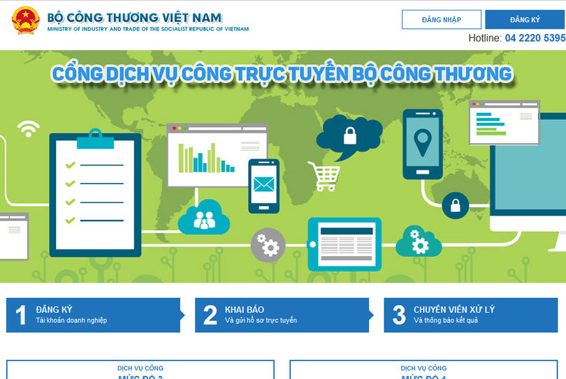 Giao diện Cổng dịch vụ công trực tuyến Bộ Công thương tại địa chỉ htpp://online.moit.gov.vn