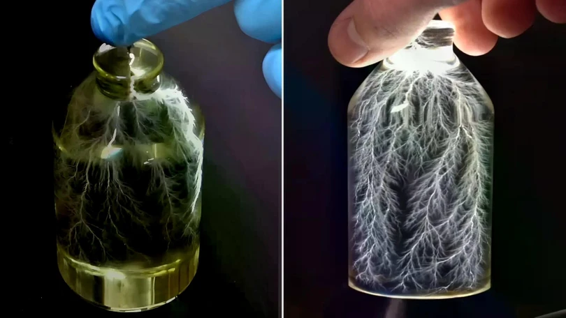 Thí nghiệm bắt gọn tia sét trong chai tạo nên một tác phẩm nghệ thuật bắt mắt. Ảnh: IE.