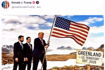 Bức ảnh các ông Trump, JD.Vance và M.Rubio mang cờ Mỹ đổ bộ lên Greenland được ông đăng trên mạng Truth Social. Ảnh: QQnews.