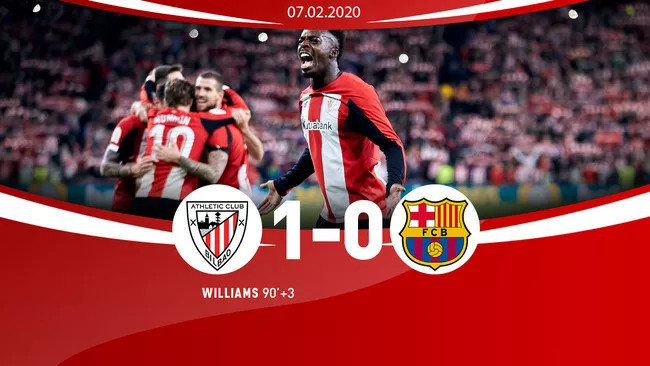 Bị ép toàn trận nhưng Inaki Williams - cầu thủ đang nắm giữ kỷ lục ra sân nhiều nhất ở La Liga trong màu áo Bilbao đá có cú sút khiến khiến Sergio đá phản lưới nhà vào phút bù giờ 90+3, đủ để loại Barca ra khỏi cuộc chơi. Ảnh CLB