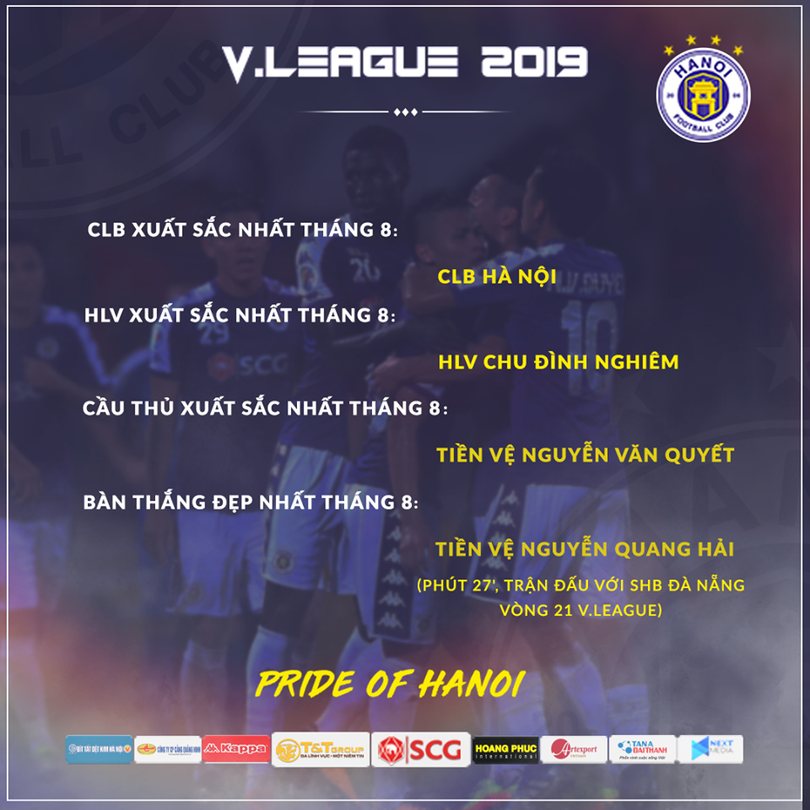 Hà Nội giành tất các danh hiệu tháng 8 của V.League 2019. Ảnh HNFC