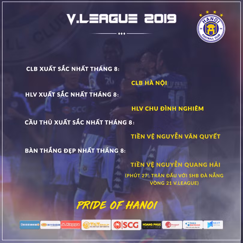 Hà Nội giành tất các danh hiệu tháng 8 của V.League 2019. Ảnh HNFC