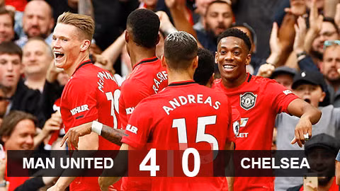 Trong lịch sử 27 năm của Premier League, Man Utd mới có lần đầu tiên vượt qua Chelsea với cách biệt 4 bàn. Ảnh AP.