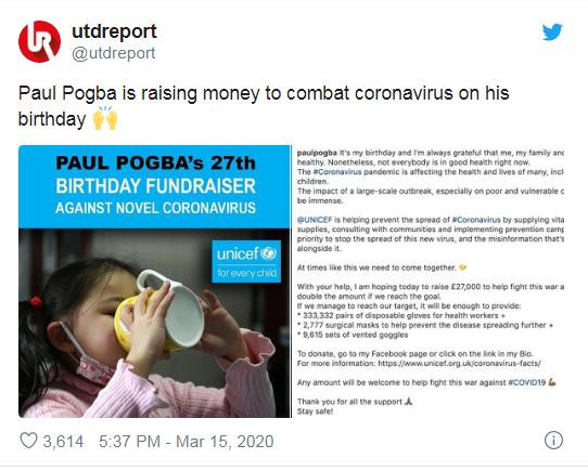 Paul Pogba dành lễ sinh nhật lần thứ 27 (ngày 15/03) để tổ chức một cuộc quyên góp tiền hòng chống lại nCoV. Ảnh AP