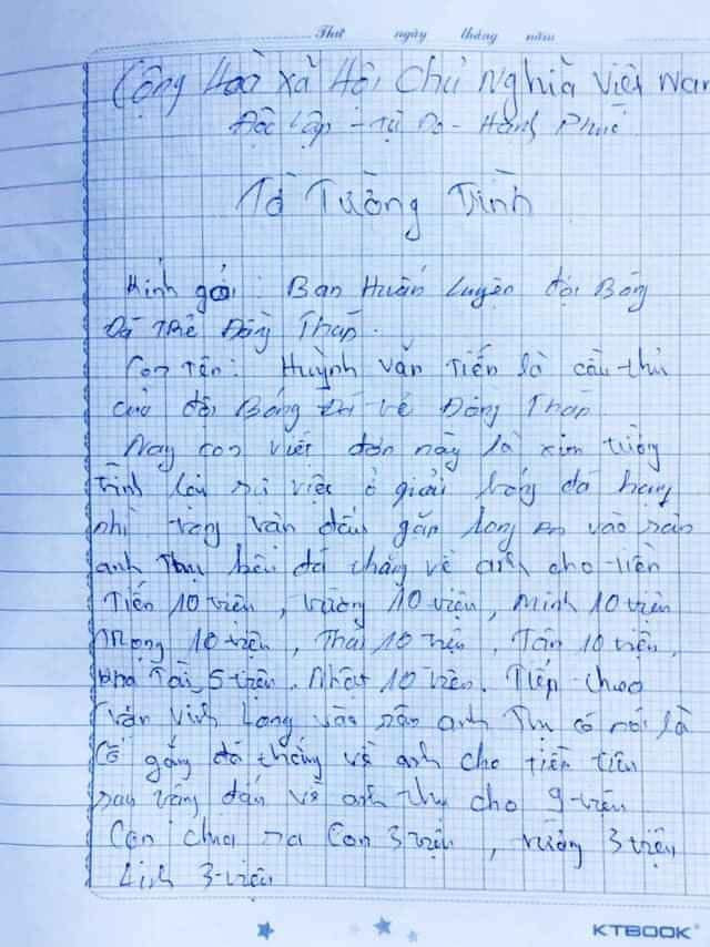 Bản tường trình của cầu thủ Huỳnh Văn Tiến. Ảnh: VF