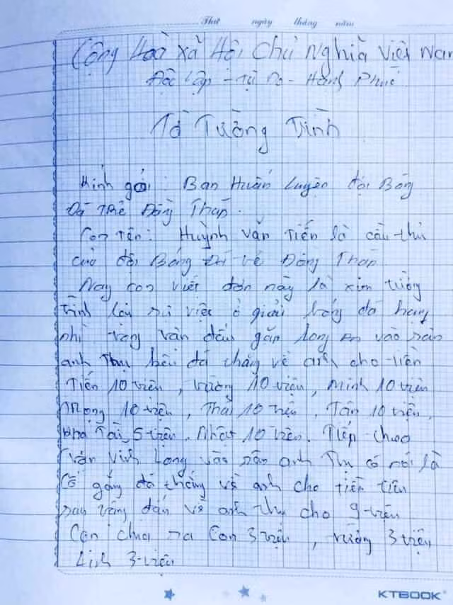 Bản tường trình của cầu thủ Huỳnh Văn Tiến. Ảnh: VF