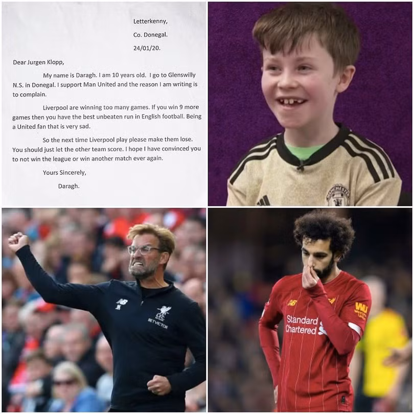 Khi Liverpool băng băng về đích và tưởng như không thể có đội bóng nào có thể ngăn nổi thì Klopp nhận được 1 bức thư của cậu bé Daragh gửi. Cậu bé 10 tuổi là fan ruột của MU mong muốn đội bóng của Klopp thua trận vì MU. Ảnh FA