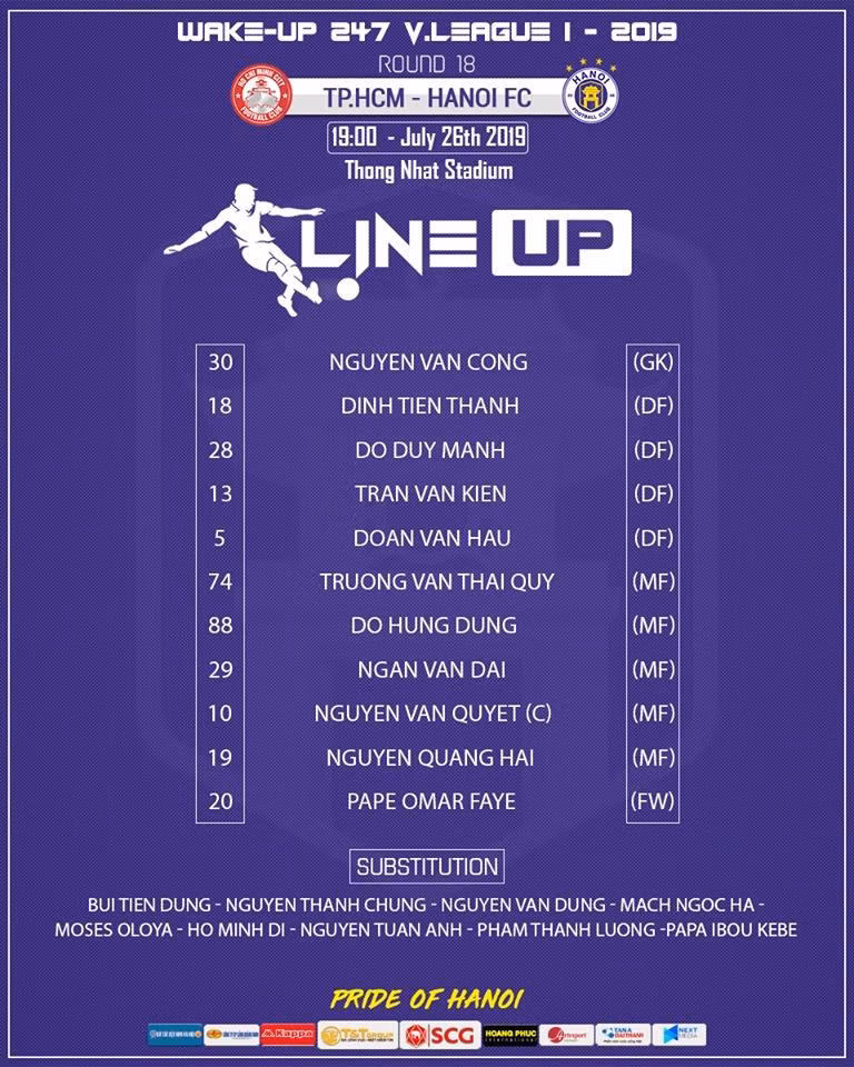 Đội hình ra sân Hà Nội. Ảnh VPF.