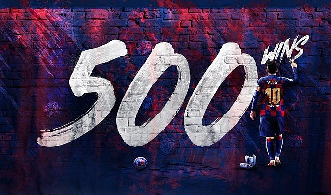Messi đã lập kỷ lục vô tiền khoáng hậu khi chính thức chạm cột mốc 500 chiến thắng trong màu áo Barcelona và đồng thời trở thành cầu thủ đầu tiên trong lịch sử bóng đá Tây Ban Nha giành 500 chiến thắng. Ảnh CLB