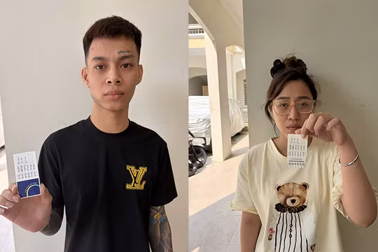 Hai đối tượng Nguyễn Văn Dương và Đỗ Nguyễn Bích Trâm tại cơ quan công an.