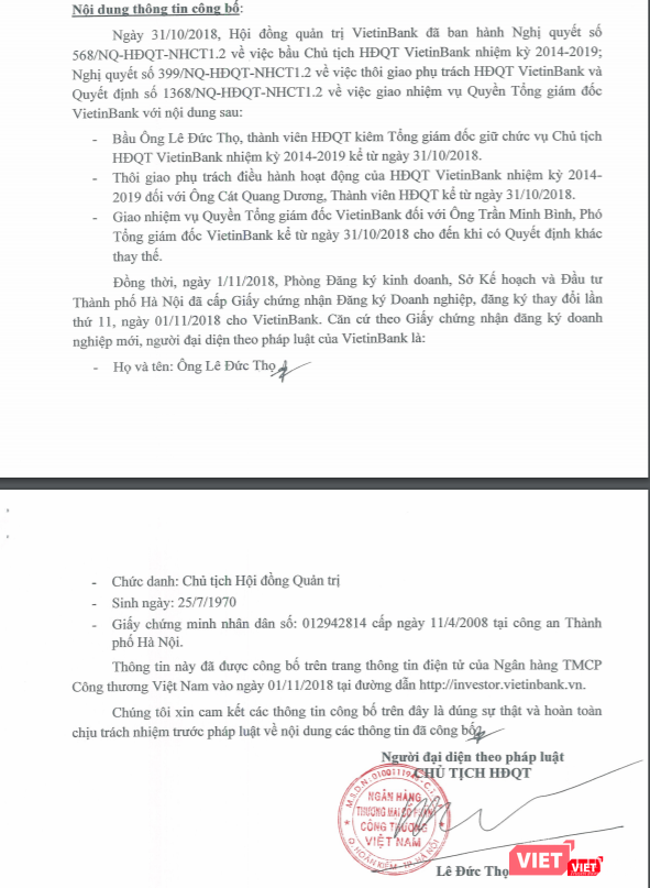 Trích công bố của Vietinbank.