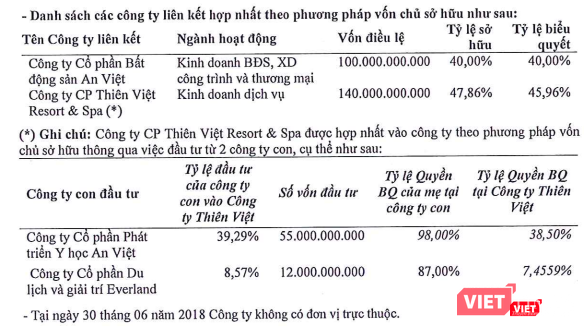 Chi tiết góp vốn vào các công ty con và công ty liên kết của EVG tới ngày 30/6/2018