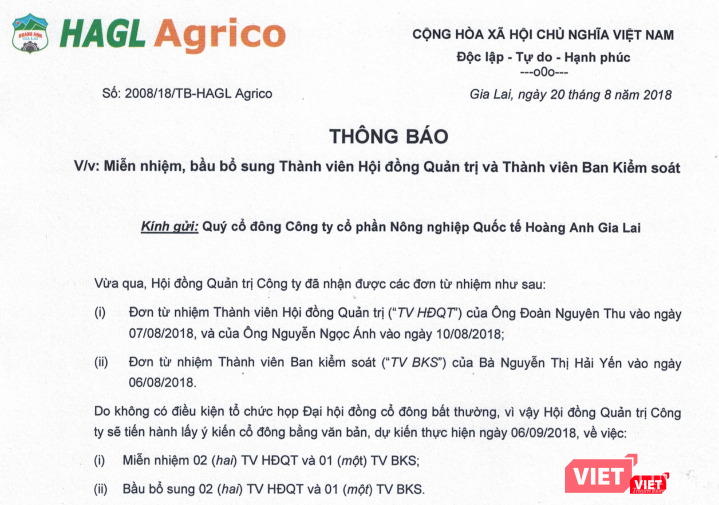 Thông báo của HAGL Agrico về miễn nhiệm, bầu bổ sung Thành viên HĐQT và Thành viên BKS (Nguồn: HNG)