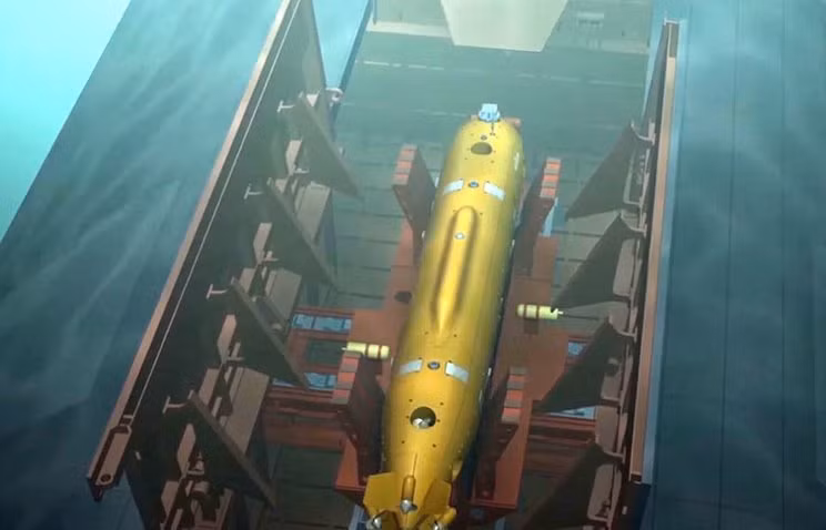 Hệ thống ngư lôi UUV Poseido "Ngày tận thế " trên khoang phương tiện mang. Ảnh minh họa: Foxtrot Alpha.