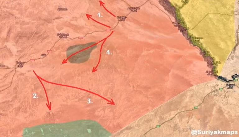 Chiến trường sa mạc, quân đội Syria và lực lượng vũ trang địa phương tiến hành truy quét IS trên vùng miền trung Syria. Ảnh minh họa: Masdar News.