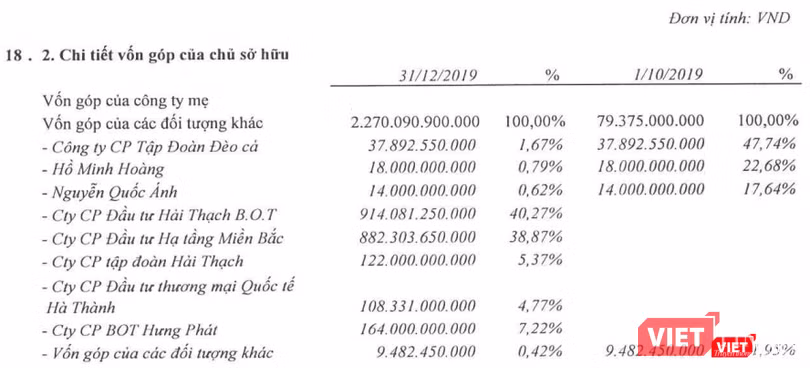 Cơ cấu sở hữu tại CTCP Đầu tư Hạ tầng Giao thông Đèo Cả cuối năm 2019 (Nguồn: BCTC Hợp nhất Quý 4/2019 của DII)