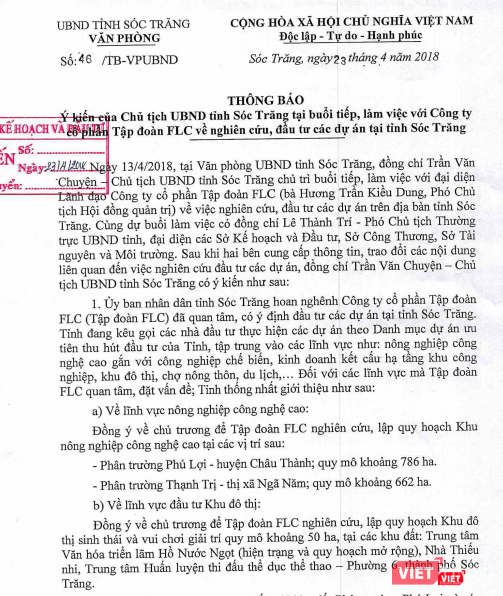 Ý kiến của Chủ tịch UBND tỉnh Sóc Trăng tại buổi tiếp, làm việc với CTCP Tập đoàn FLC về nghiên cứu, đầu tư các dự án tại tỉnh Sóc Trăng (Nguồn: VP - UBND tỉnh Sóc Trăng) Ý kiến của Chủ tịch UBND tỉnh Sóc Trăng tại buổi tiếp, làm việc với CTCP Tập đoàn FLC về nghiên cứu, đầu tư các dự án tại tỉnh Sóc Trăng (Nguồn: VP - UBND tỉnh Sóc Trăng)
