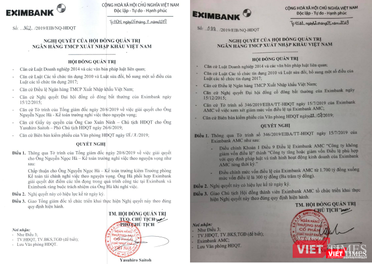 Nghị quyết số 388 (bên phải) do ông Cao Xuân Ninh trực tiếp ký trên cương vị Chủ tịch HĐQT Eximbank