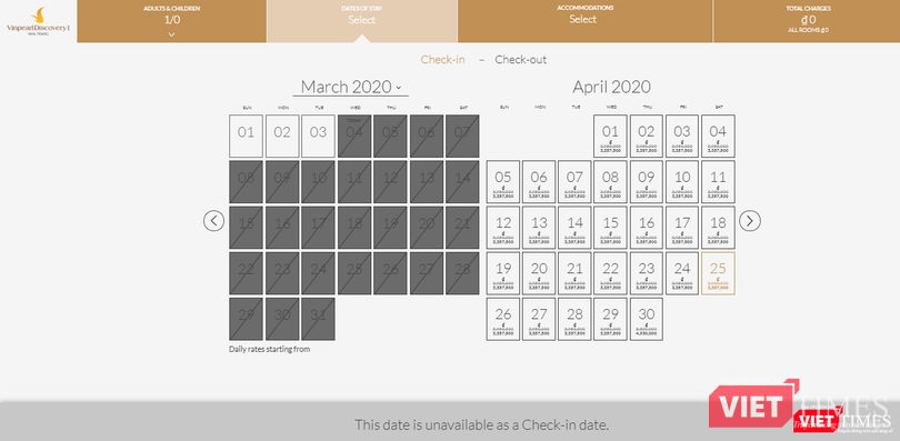 Vinpearl Discovery 1 Nha Trang không nhận đặt phòng đến hết ngày 31/3/2020 (Ảnh chụp màn hình)