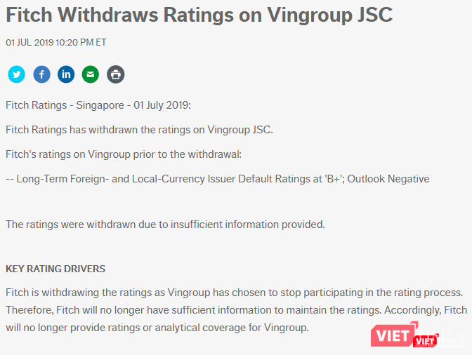 Thông báo của Fitch Ratings về việc dừng xếp hạng tín nhiệm với Vingroup (Ảnh chụp màn hình - Nguồn: fitchratings.com) Thông báo của Fitch Ratings về việc dừng xếp hạng tín nhiệm với Vingroup (Ảnh chụp màn hình - Nguồn: fitchratings.com)