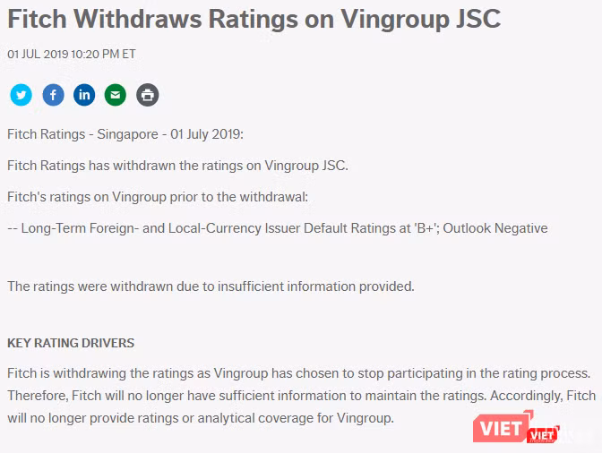 Thông báo của Fitch Ratings về việc dừng xếp hạng tín nhiệm với Vingroup (Ảnh chụp màn hình - Nguồn: fitchratings.com)