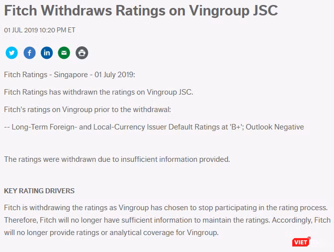Thông báo của Fitch Ratings về việc dừng xếp hạng tín nhiệm với Vingroup (Ảnh chụp màn hình - Nguồn: fitchratings.com) Thông báo của Fitch Ratings về việc dừng xếp hạng tín nhiệm với Vingroup (Ảnh chụp màn hình - Nguồn: fitchratings.com)