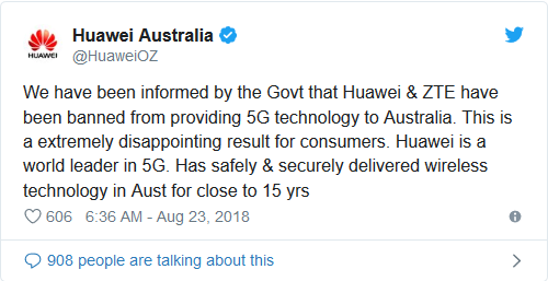 Huawei phản hồi sau tuyên bố chấm dứt hợp đồng của chính phủ Australia: "Chúng tôi đã được chính phủ thông báo về việc cấm Huawei và ZTE cung cấp công nghệ 5G tại Australia. Đây là điều cực kỳ đáng thất vọng với người tiêu dùng. Huawei là công ty đi đầu thế giới về công nghệ 5G, đã cung cấp công nghệ không dây an toàn và bảo mật cao cho Australia trong gần 15 năm". Ảnh: Twitter Huawei phản hồi sau tuyên bố chấm dứt hợp đồng của chính phủ Australia: "Chúng tôi đã được chính phủ thông báo về việc cấm Huawei và ZTE cung cấp công nghệ 5G tại Australia. Đây là điều cực kỳ đáng thất vọng với người tiêu dùng. Huawei là công ty đi đầu thế giới về công nghệ 5G, đã cung cấp công nghệ không dây an toàn và bảo mật cao cho Australia trong gần 15 năm". Ảnh: Twitter