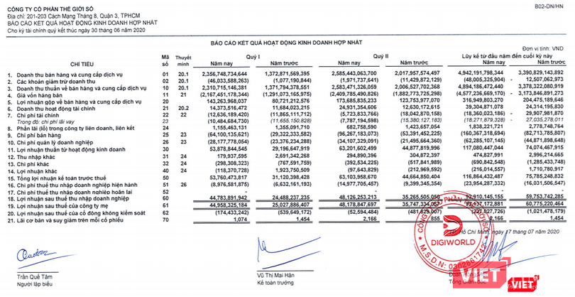 Kết quả kinh doanh Quý 2 và lũy kế 6 tháng đầu năm của Digiworld (Nguồn: DGW)