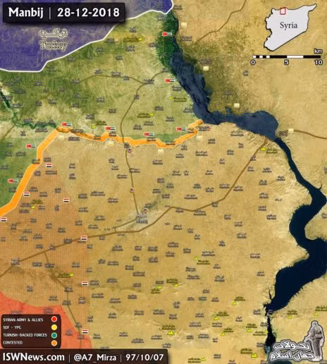 Bản đồ của các quan sát viên trung lập cho thấy, quân đội Syria chưa thể tiến vào thành phố Manbji do còn có quân đội Mỹ ngăn chặn. Ảnh: Masdar News.
