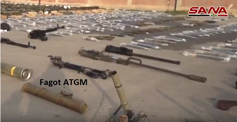 Những vũ khí nguy hiểm thu giữ được trên vùng phía nam Syria. Ảnh SANA