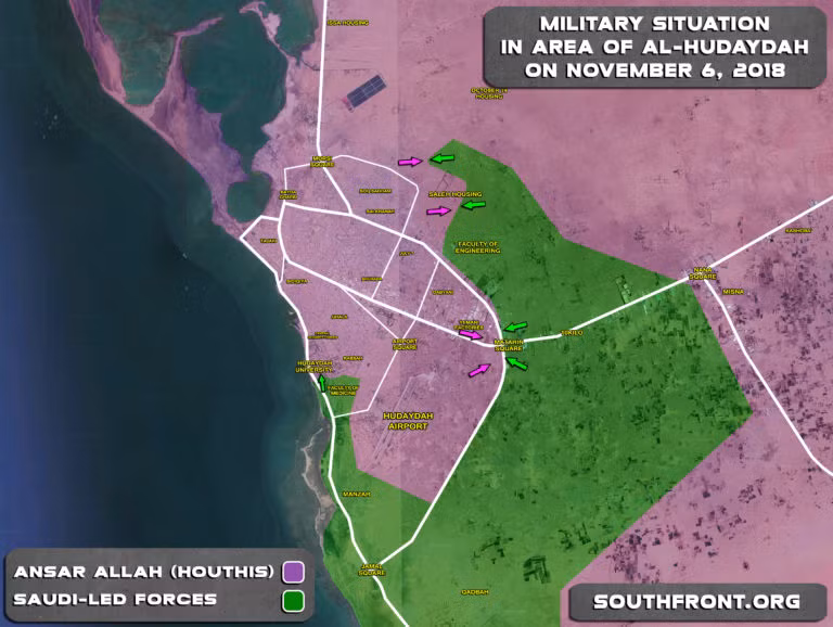 Tình huống chiến trường Yemen khu vực thành phố cảng al-Hudaydah. Ảnh: South Front Tình huống chiến trường Yemen khu vực thành phố cảng al-Hudaydah. Ảnh: South Front