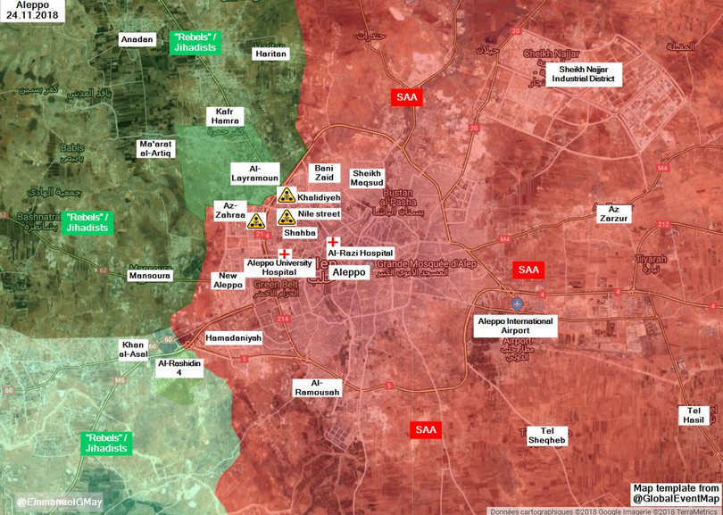 Bản đồ những khu vực bị tấn công bằng đạn khí gas clo ở Aleppo. Ảnh South Front Bản đồ những khu vực bị tấn công bằng đạn khí gas clo ở Aleppo. Ảnh South Front