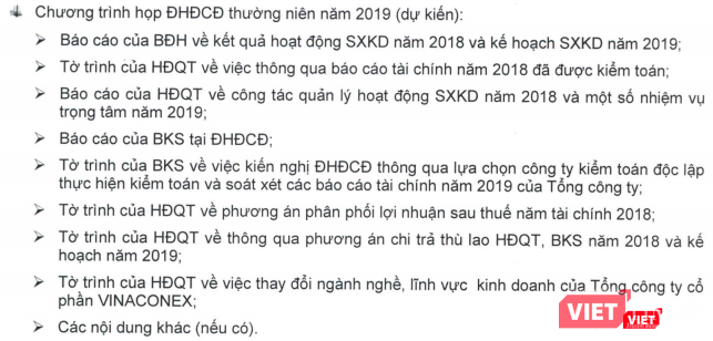 Nội dung dự kiến sẽ được trình cổ đông thông qua tại cuộc họp ĐHĐCĐ thường niên 2019 được tổ chức ngày 28/6/2019 của Vinaconex (Nguồn: VCG)