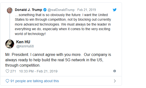 Chủ tịch luân phiên Huawei Ken Hu trả lời ông Trump trên Twitter rằng Huawei sẵn sàng tham gia triển khai 5G tại Mỹ thông qua cạnh tranh. Ảnh: Twitter Chủ tịch luân phiên Huawei Ken Hu trả lời ông Trump trên Twitter rằng Huawei sẵn sàng tham gia triển khai 5G tại Mỹ thông qua cạnh tranh. Ảnh: Twitter