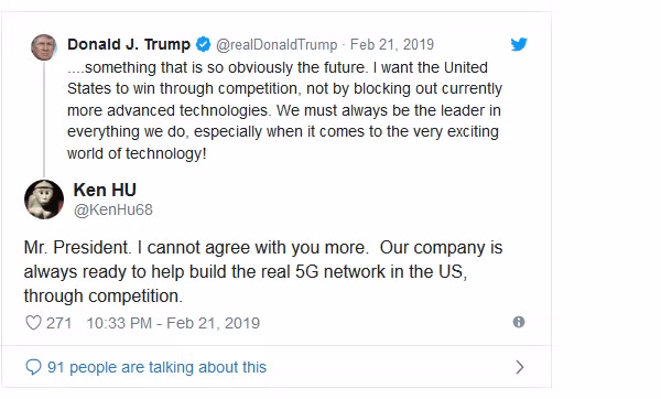 Chủ tịch luân phiên Huawei Ken Hu trả lời ông Trump trên Twitter rằng Huawei sẵn sàng tham gia triển khai 5G tại Mỹ thông qua cạnh tranh. Ảnh: Twitter