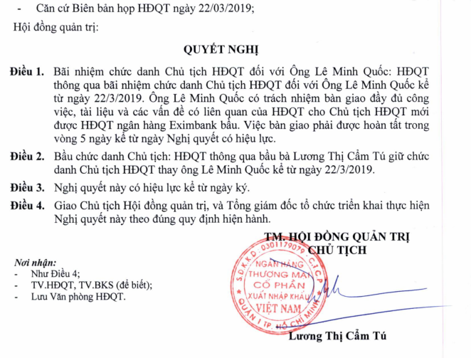 Nội dung Nghị quyết số 112/2019/EIB/NQ-HĐQT (Nguồn: EIB)
