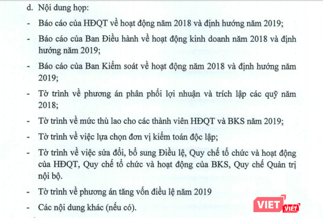 Một số báo cáo, tờ trình sẽ được trình cổ đông thông qua tại cuộc họp ĐHĐCĐ thương niên năm 2019 của Vietcombank (Nguồn: VCB)