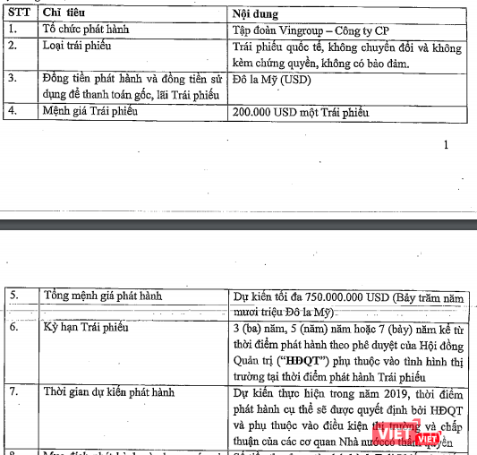 Thông tin phát hành trái phiếu của Vingroup (Nguồn: VIC)
