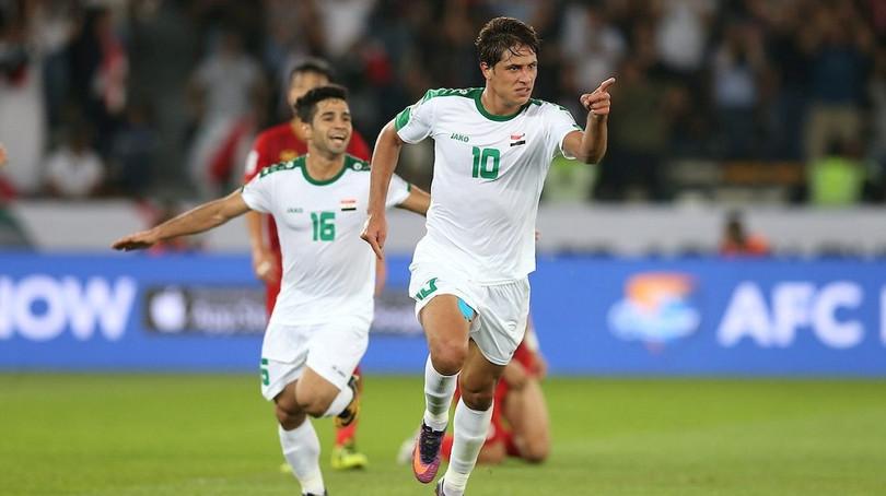 Tiền đạo 18 tuổi Mohanad Ali của tuyển Iraq ăn mừng sau bàn cân bằng tỷ số 1-1. Ảnh: Fox Sport Asia.