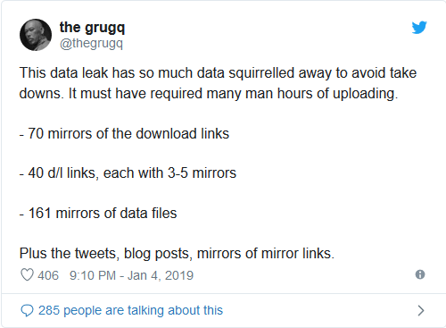 Chuyên gia bảo mật cho rằng: "Trong vụ rò rỉ này, có quá nhiều dữ liệu ẩn để tránh việc bị gỡ bỏ. Tin tặc đã mất nhiều giờ để tải lên. Tổng cộng 70 liên kết bản sao tới đường dẫn tải xuống; 40 đường dẫn tải xuống và mỗi đường dẫn có 3-5 bản sao; 161 tệp tin bản sao dữ liệu. Đó là chưa kể tới bài đăng trên Twitter, blog và bản sao của liên kết bản sao". Ảnh: Twitter. Chuyên gia bảo mật cho rằng: "Trong vụ rò rỉ này, có quá nhiều dữ liệu ẩn để tránh việc bị gỡ bỏ. Tin tặc đã mất nhiều giờ để tải lên. Tổng cộng 70 liên kết bản sao tới đường dẫn tải xuống; 40 đường dẫn tải xuống và mỗi đường dẫn có 3-5 bản sao; 161 tệp tin bản sao dữ liệu. Đó là chưa kể tới bài đăng trên Twitter, blog và bản sao của liên kết bản sao". Ảnh: Twitter.
