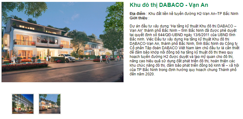 Giới thiệu về dự án Khu đô thị Dabaco - Vạn An (Nguồn: Dabaco) Giới thiệu về dự án Khu đô thị Dabaco - Vạn An (Nguồn: Dabaco)