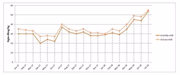 Diễn biến giá thịt lợn giai đoạn từ 1/2017 - 7/2108 (Nguồn: Tổng cục quản lý giá - Bộ Tài chính)