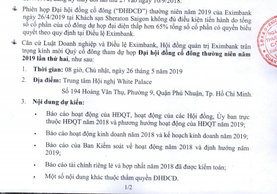 Nội dung thư mời họp ĐHĐCĐ lần 2 của Eximbank (Nguồn: EIB) Nội dung thư mời họp ĐHĐCĐ lần 2 của Eximbank (Nguồn: EIB)