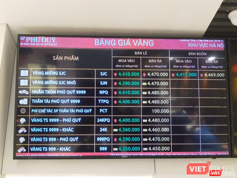 Giá vàng miếng niêm yết tại một cửa hàng. Giá vàng miếng niêm yết tại một cửa hàng.