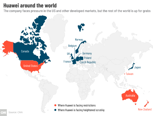 Mỹ, Đài Loan, Australia và New Zealand là các quốc gia đã ban hành lệnh cấm đối với Huawei. Ảnh: CNN