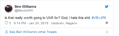 Tài khoản Ben Williams: Tình huống đó có thực sự xứng đáng để sử dụng VAR hay không? Chúa ơi, tôi ghét điều ngớ ngẩn này. Tài khoản Ben Williams: Tình huống đó có thực sự xứng đáng để sử dụng VAR hay không? Chúa ơi, tôi ghét điều ngớ ngẩn này.