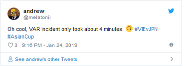 Tài khoản andrew: Tuyệt thật, sử dụng VAR chỉ mất khoảng 4 phút. Tài khoản andrew: Tuyệt thật, sử dụng VAR chỉ mất khoảng 4 phút.