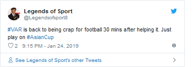 Tài khoản Legends of Sport: VAR biến bóng đá thành thứ vớ vẩn, chỉ 30 phút sau khi giúp đỡ nó. Điều chỉ xảy ra tại Asian Cup. Tài khoản Legends of Sport: VAR biến bóng đá thành thứ vớ vẩn, chỉ 30 phút sau khi giúp đỡ nó. Điều chỉ xảy ra tại Asian Cup.