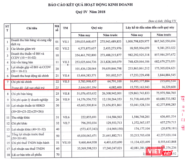 Chi phí lãi vay của Haihaco tăng nhanh trong năm 2018 vừa qua (Nguồn: HHC)